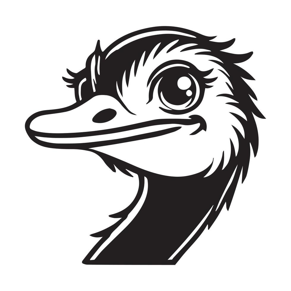 Ostrich Face Clipart, Struthio Bird Outline Design, Common ostrich silhouette, Flightless bird illustration in black and white vector