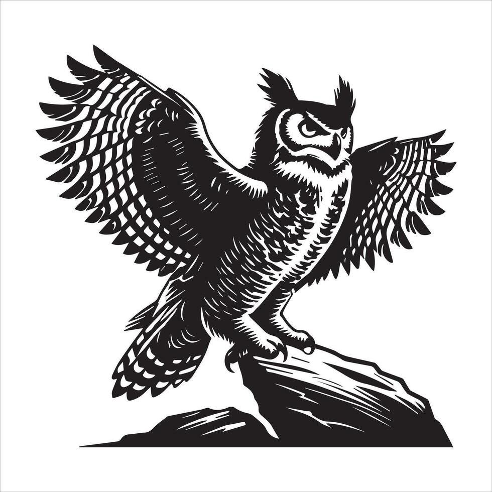 Great horned owl Clipart, Tyto alba Outline Design, Tiger owl silhouette, Hoot Owl illustration in black and white vector