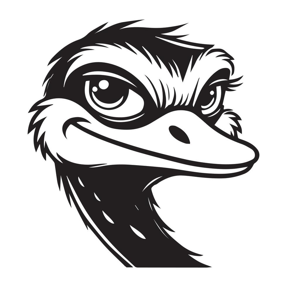 Ostrich Face Clipart, Struthio Bird Outline Design, Common ostrich silhouette, Flightless bird illustration in black and white vector