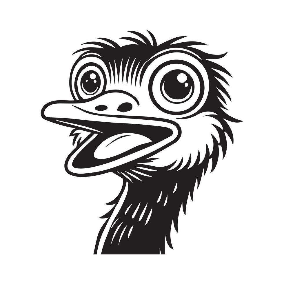 Ostrich Face Clipart, Struthio Bird Outline Design, Common ostrich silhouette, Flightless bird illustration in black and white vector
