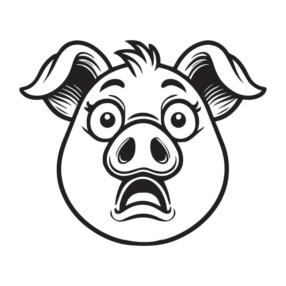 Pig Face Clipart, Swine silhouette, Hog Outline Logo, Domestic pig illustration in black and white vector