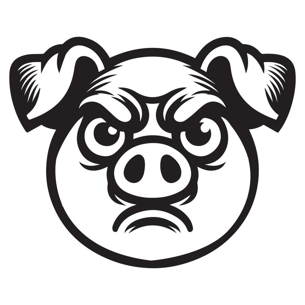 Pig Face Clipart, Swine silhouette, Hog Outline Logo, Domestic pig illustration in black and white vector