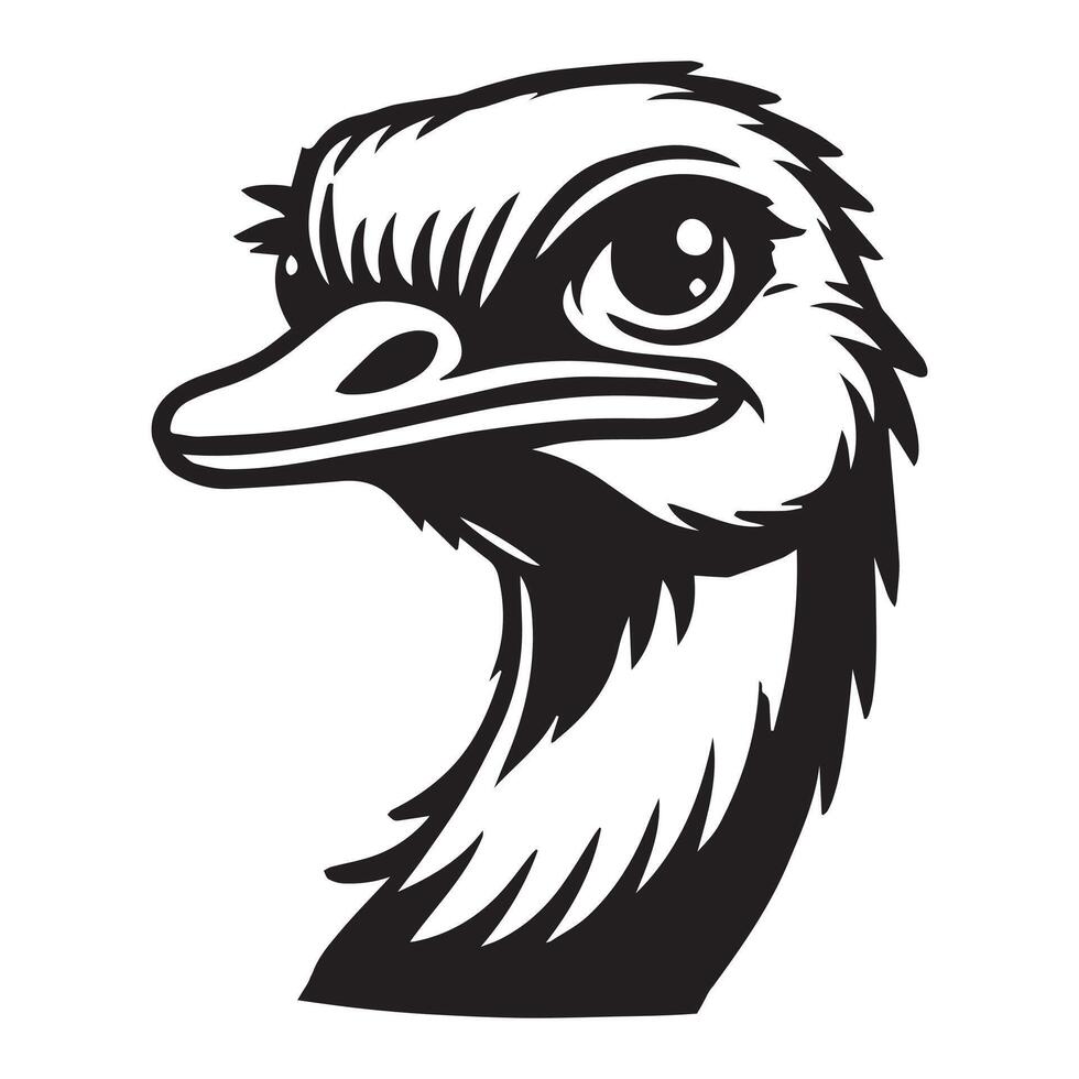 Ostrich Face Clipart, Struthio Bird Outline Design, Common ostrich silhouette, Flightless bird illustration in black and white vector