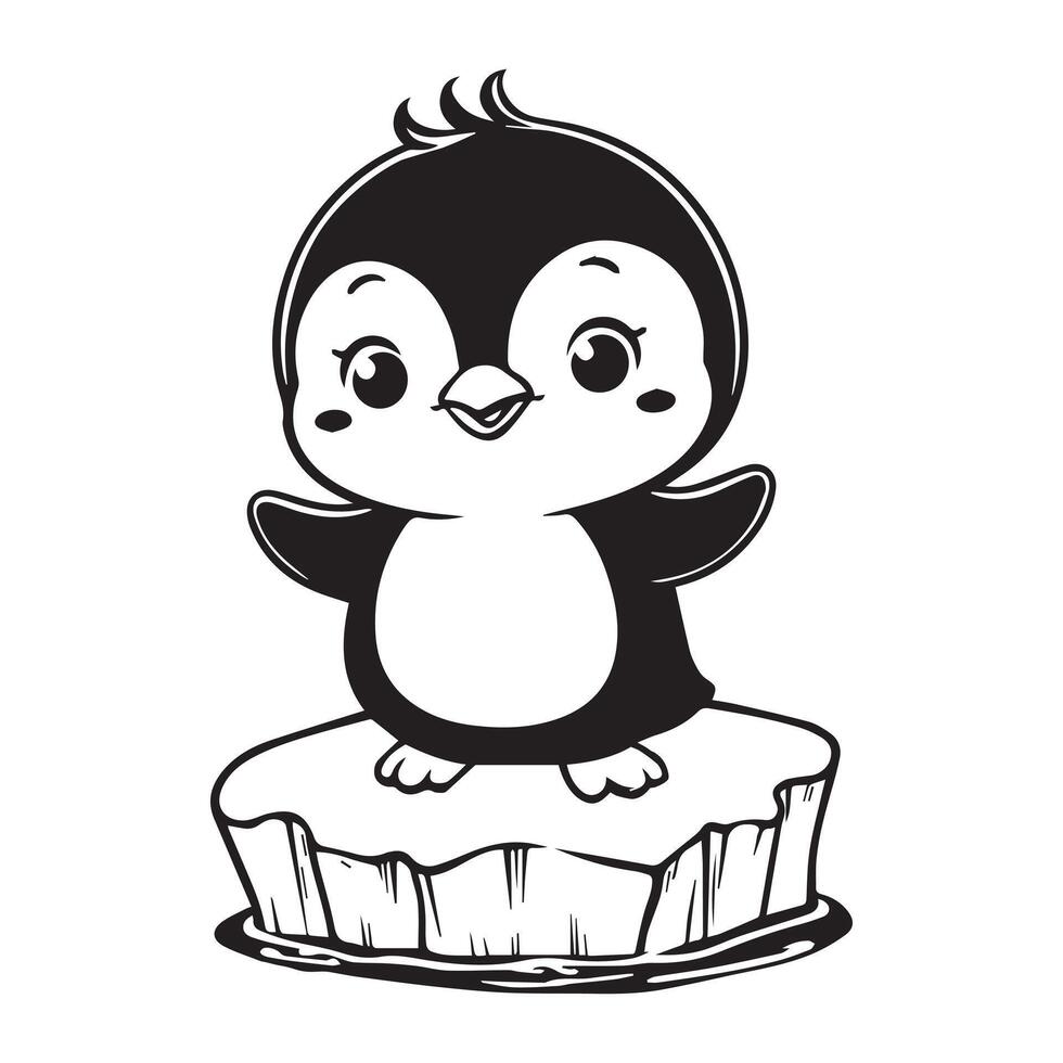 Penguin Bird Clipart - Penguin silhouette - penguin standing on an iceberg illustration in black and white vector