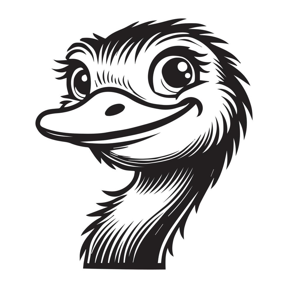 Ostrich Face Clipart, Struthio Bird Outline Design, Common ostrich silhouette, Flightless bird illustration in black and white vector