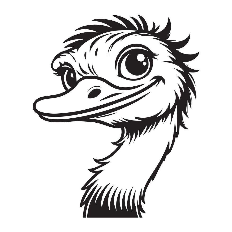 Ostrich Face Clipart, Struthio Bird Outline Design, Common ostrich silhouette, Flightless bird illustration in black and white vector