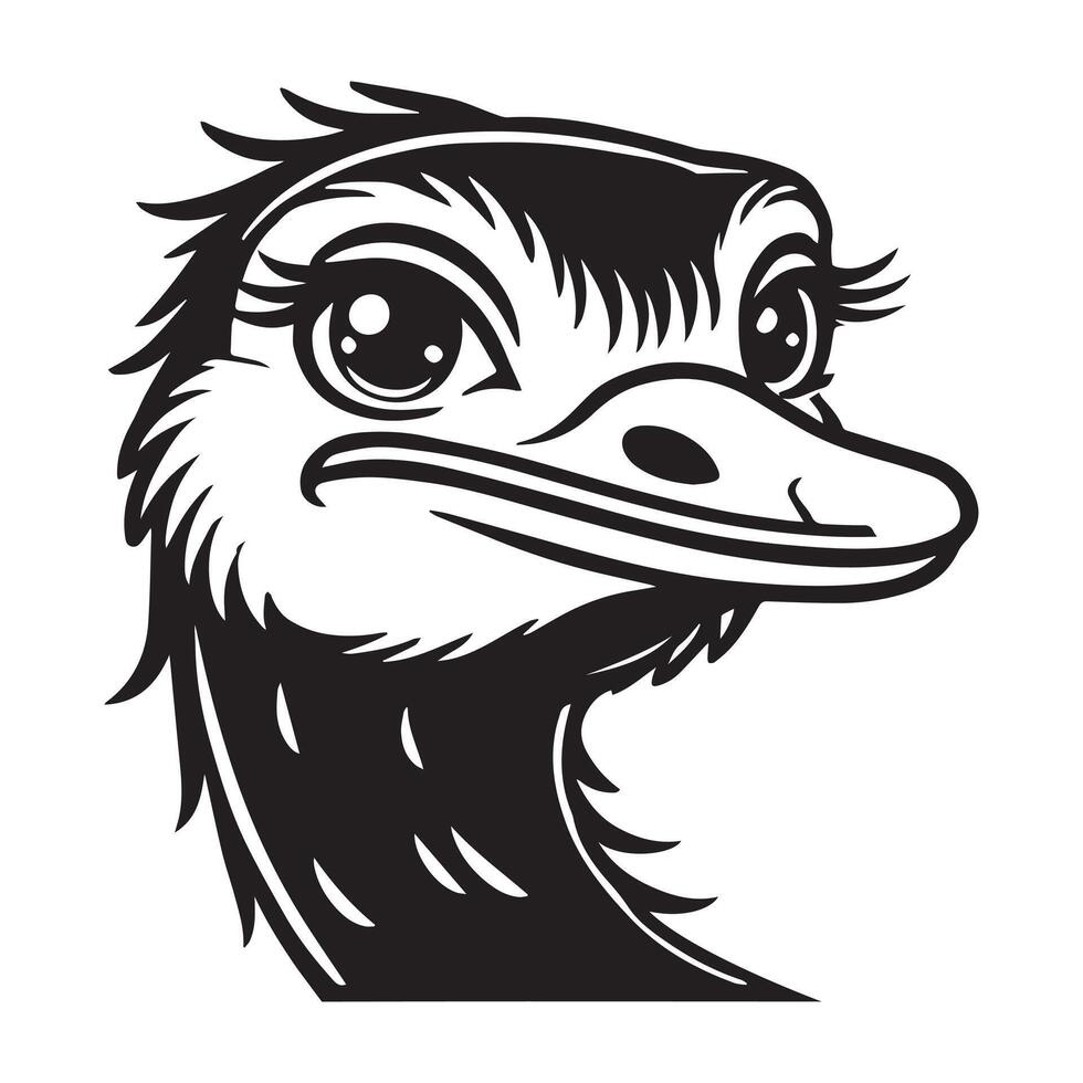Ostrich Face Clipart, Struthio Bird Outline Design, Common ostrich silhouette, Flightless bird illustration in black and white vector