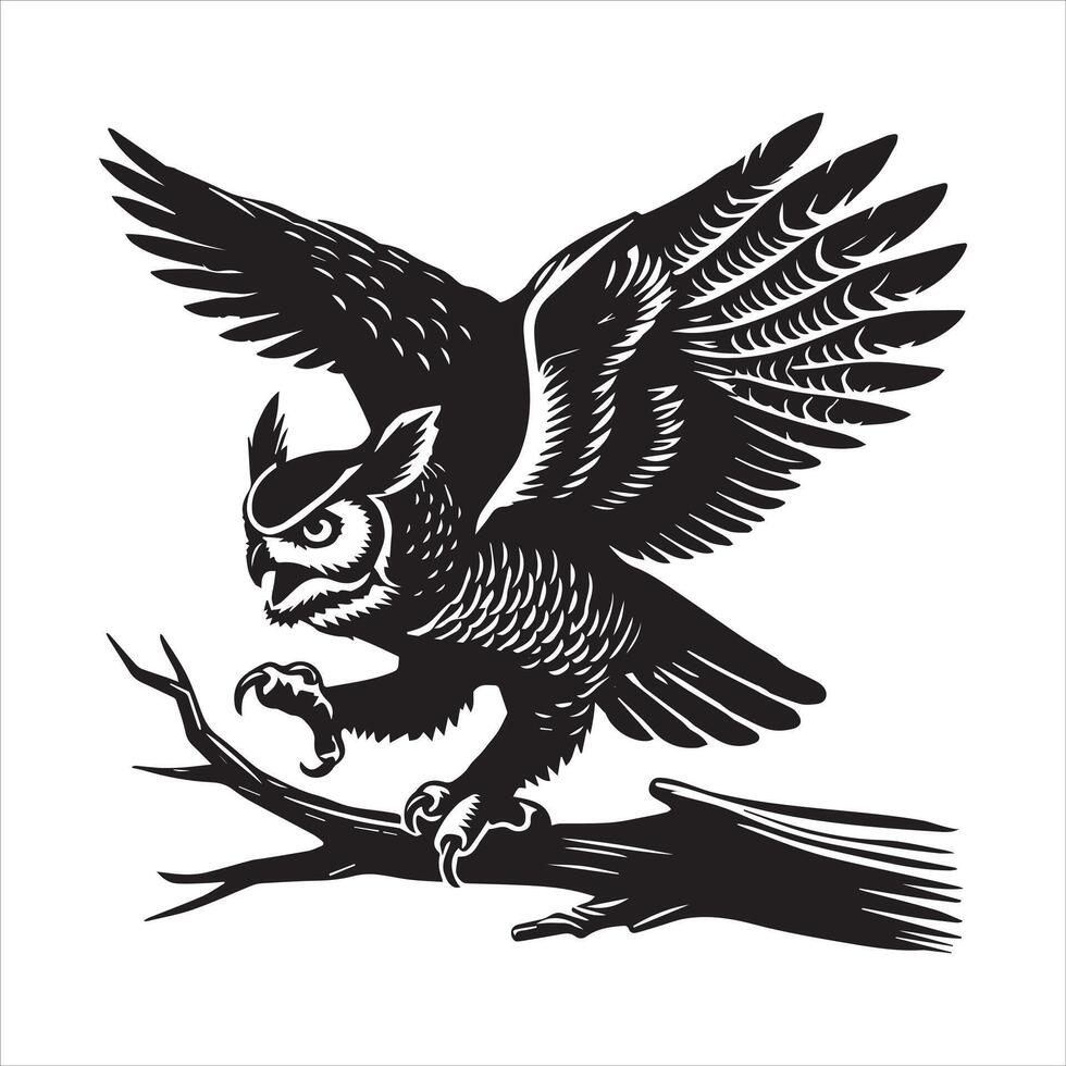 Great horned owl Clipart, Tyto alba Outline Design, Tiger owl silhouette, Hoot Owl illustration in black and white vector