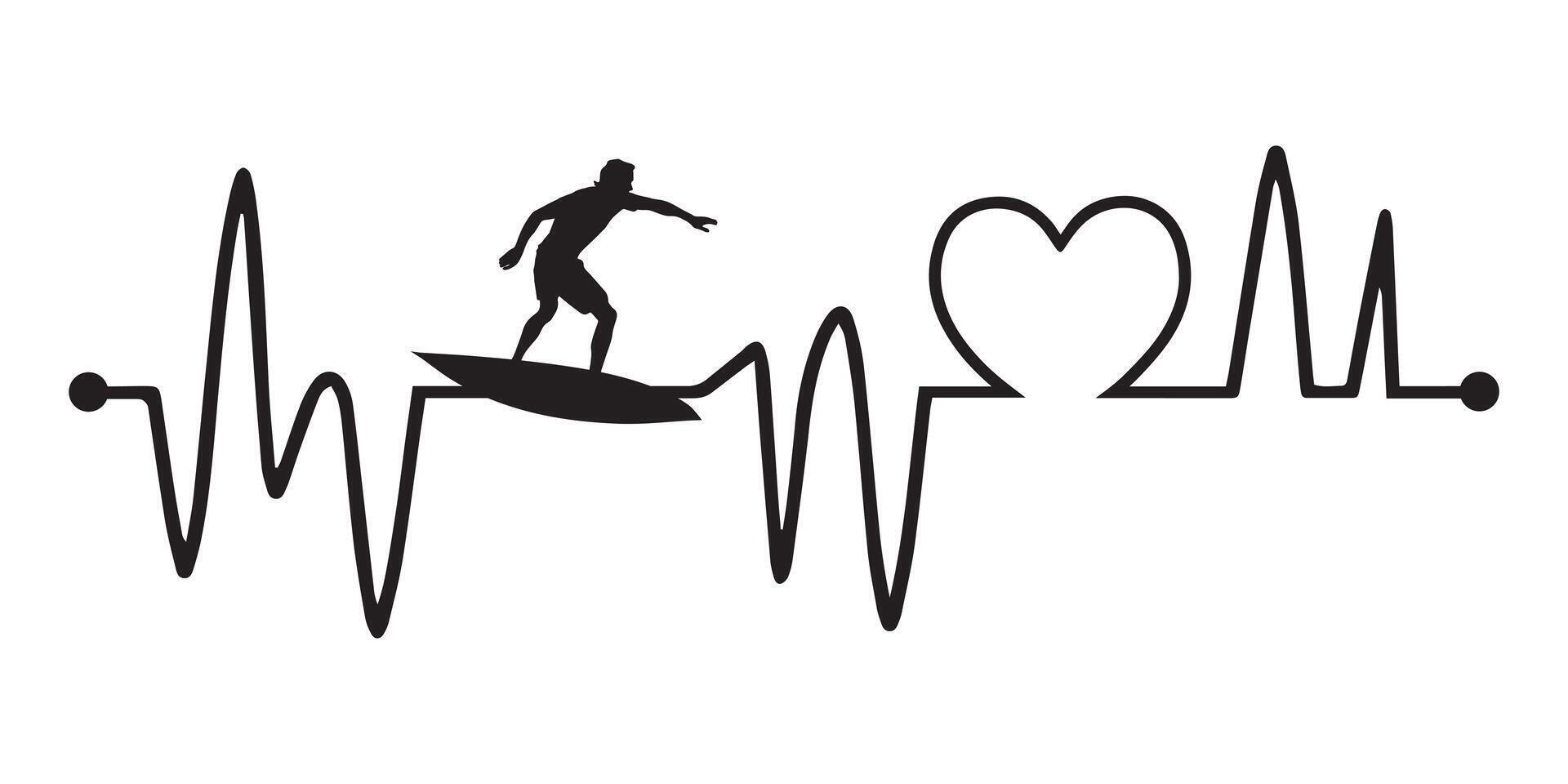 Heartbeat line with Surfing silhouette, Surfing and Heartbeat frequency with Heart Love illustration vector