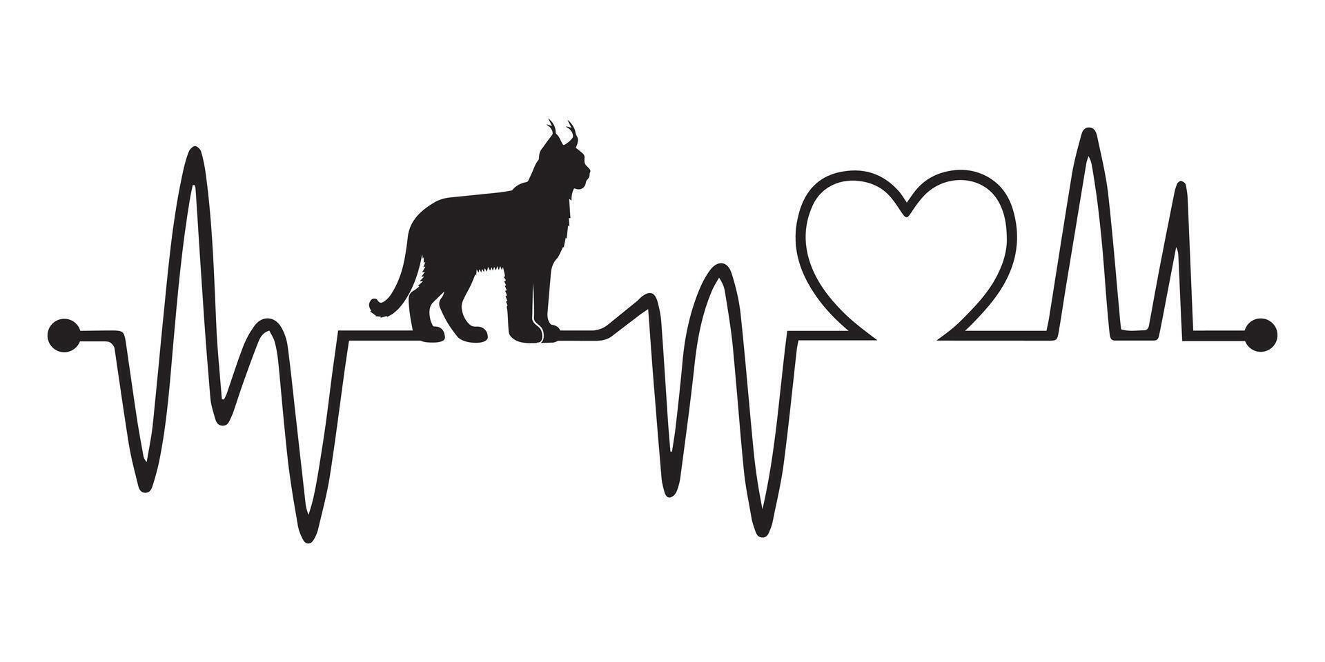 Heartbeat line with Lynx silhouette, Lynx and Heartbeat frequency with Heart Love illustration vector