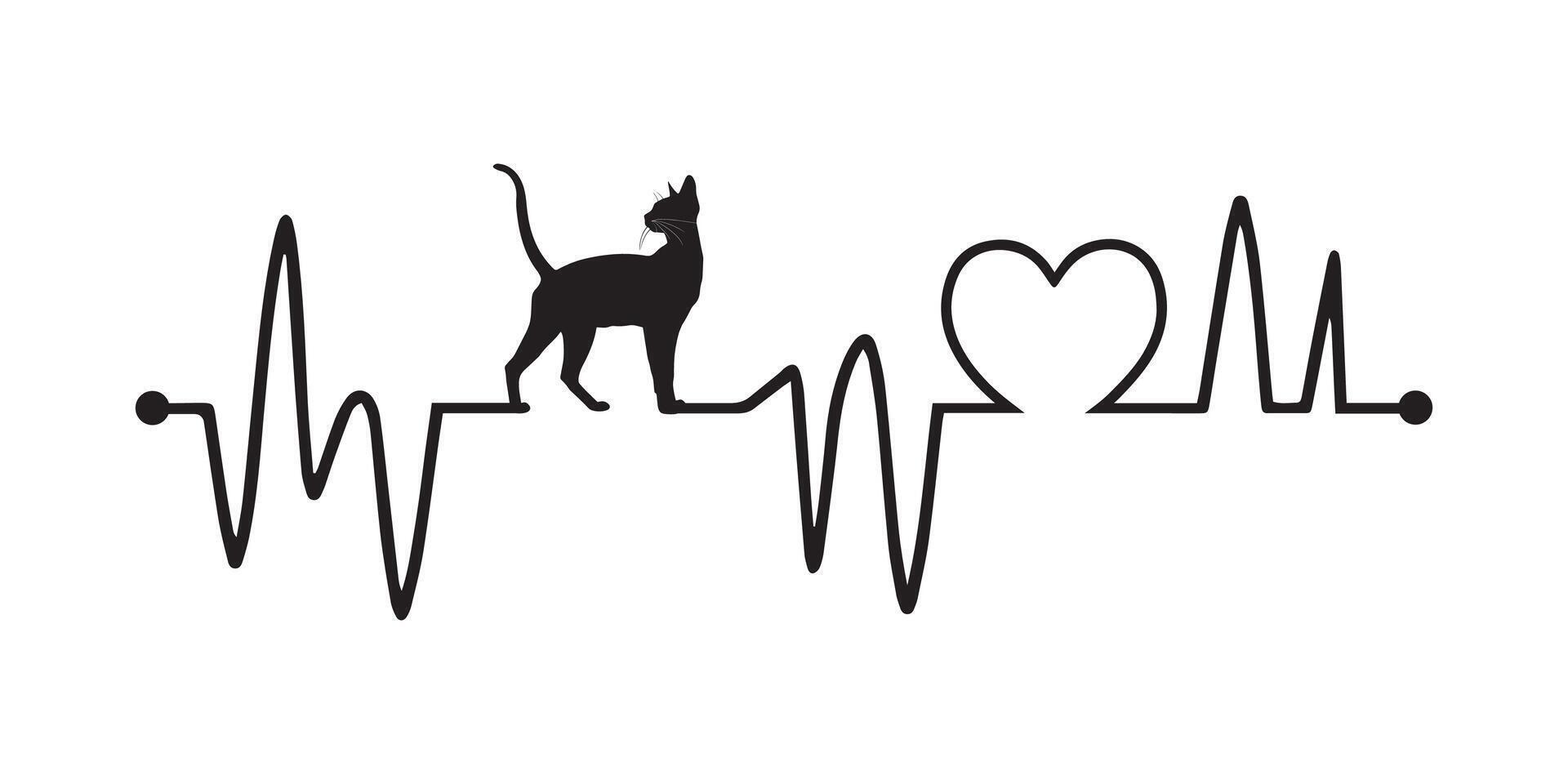 Heartbeat line with Siamese Cat silhouette, Cat and Heartbeat frequency with Heart Love illustration vector