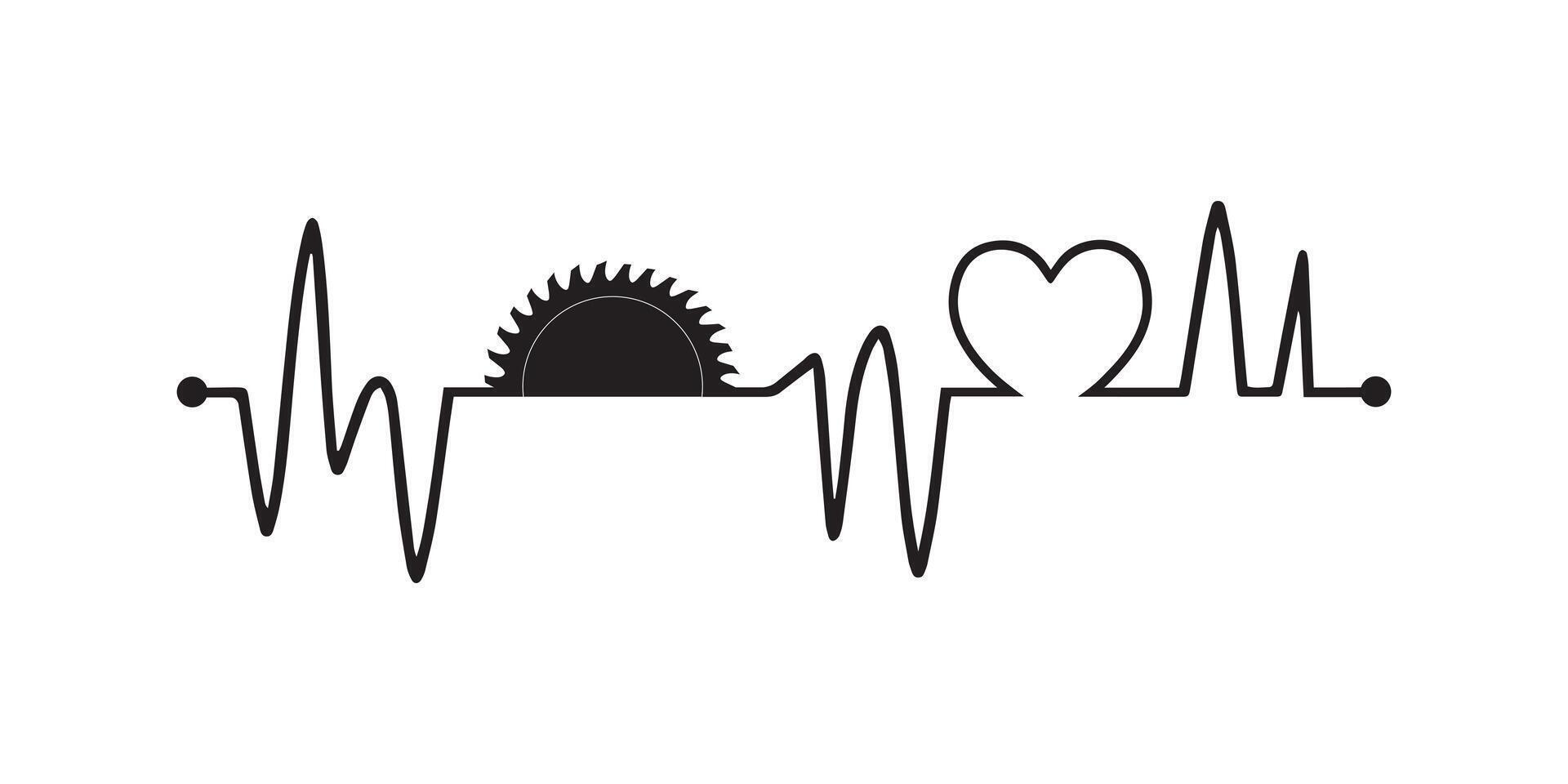 Heartbeat line with Woodworking Saw silhouette, Woodworking Saw and Heartbeat frequency with Heart Love illustration vector