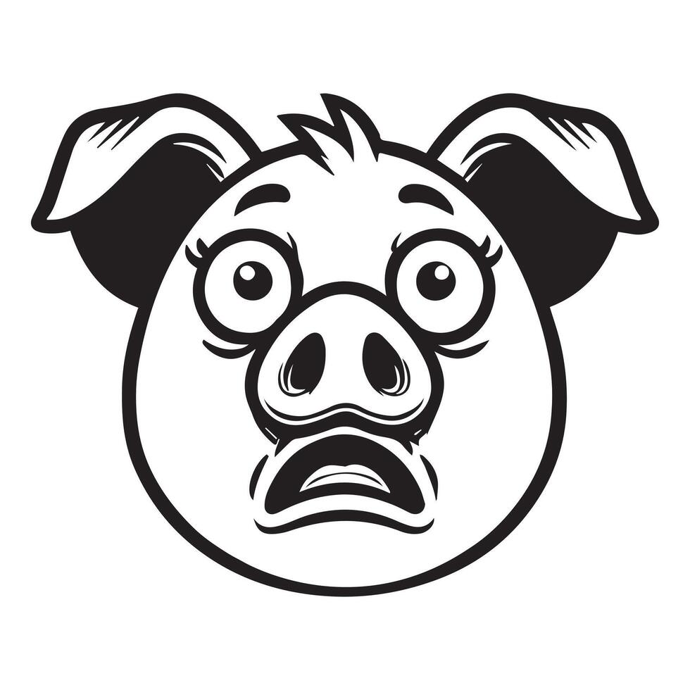 Pig Face Clipart, Swine silhouette, Hog Outline Logo, Domestic pig illustration in black and white vector