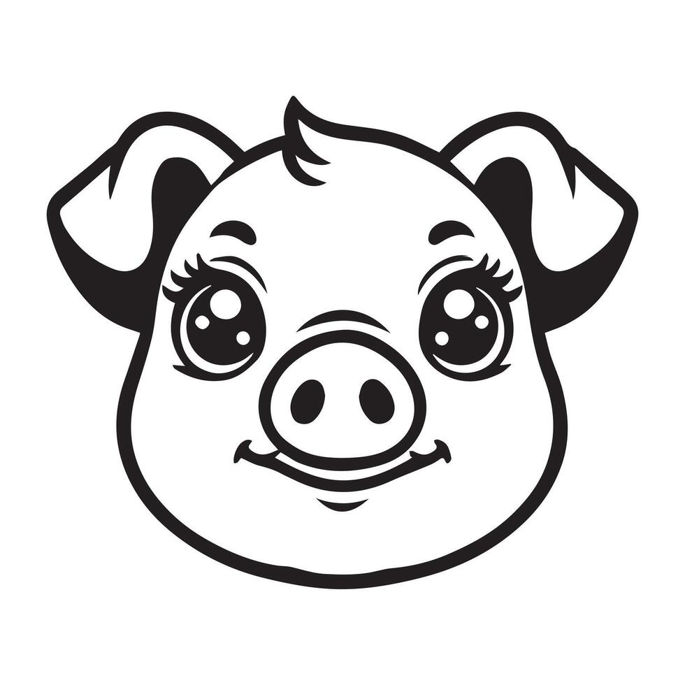 Pig Face Clipart, Swine silhouette, Hog Outline Logo, Domestic pig illustration in black and white vector