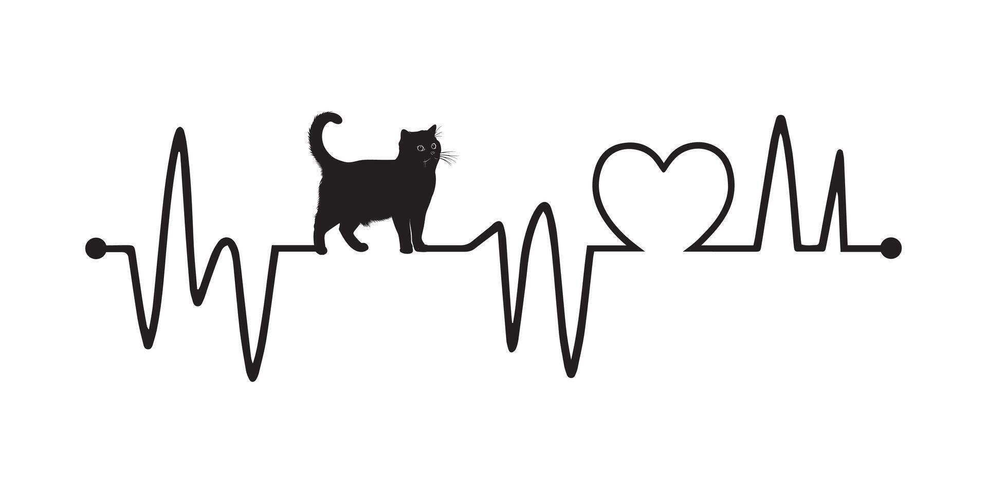 Heartbeat line with Scottish Fold Cat silhouette, Cat and Heartbeat frequency with Heart Love illustration vector