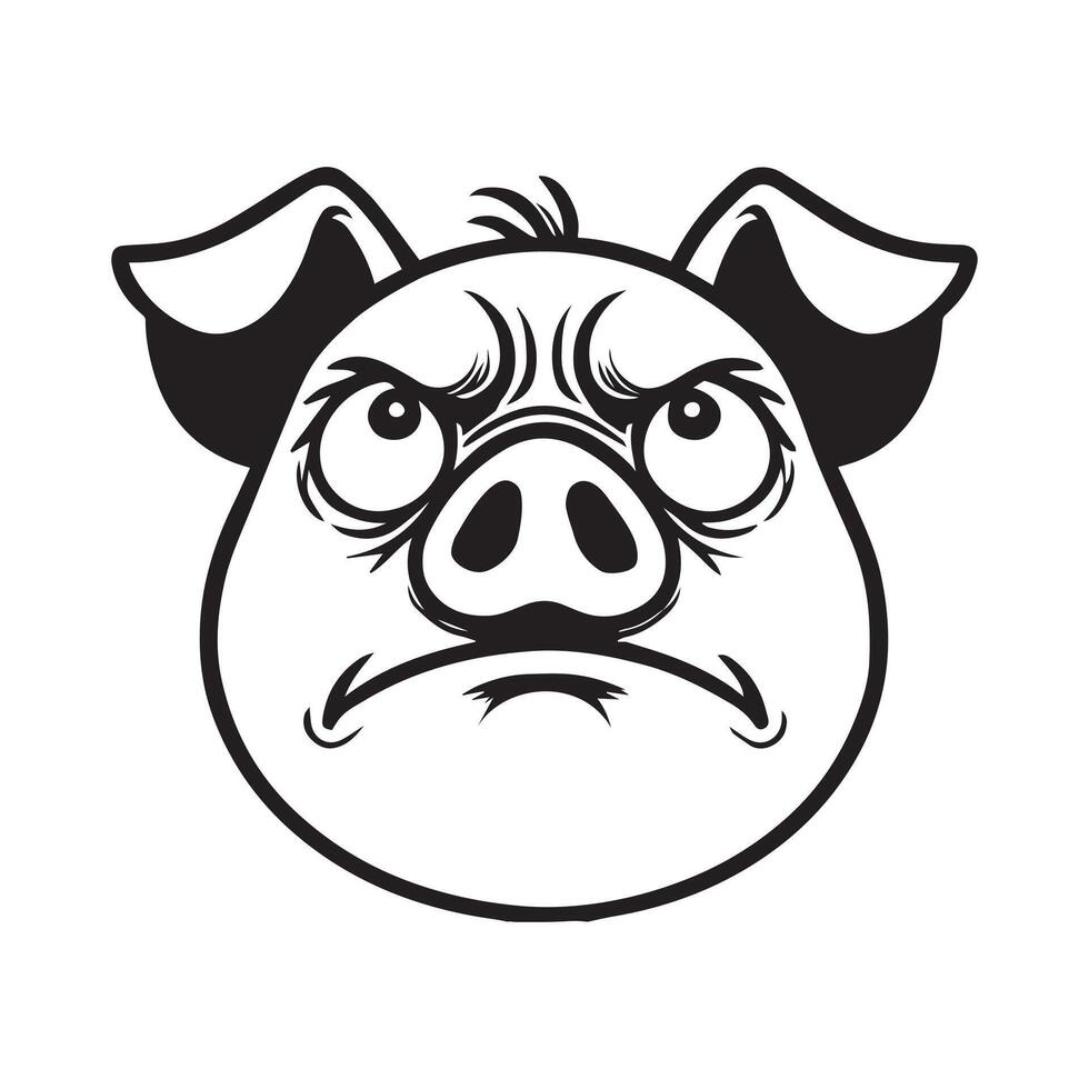 Pig Face Clipart, Swine silhouette, Hog Outline Logo, Domestic pig illustration in black and white vector
