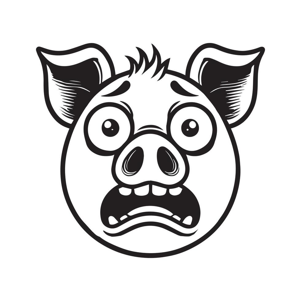 Pig Face Clipart, Swine silhouette, Hog Outline Logo, Domestic pig illustration in black and white vector
