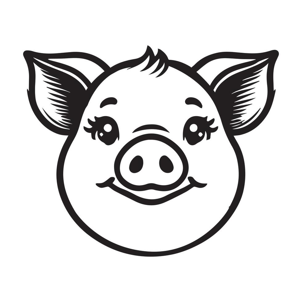 Pig Face Clipart, Swine silhouette, Hog Outline Logo, Domestic pig illustration in black and white vector