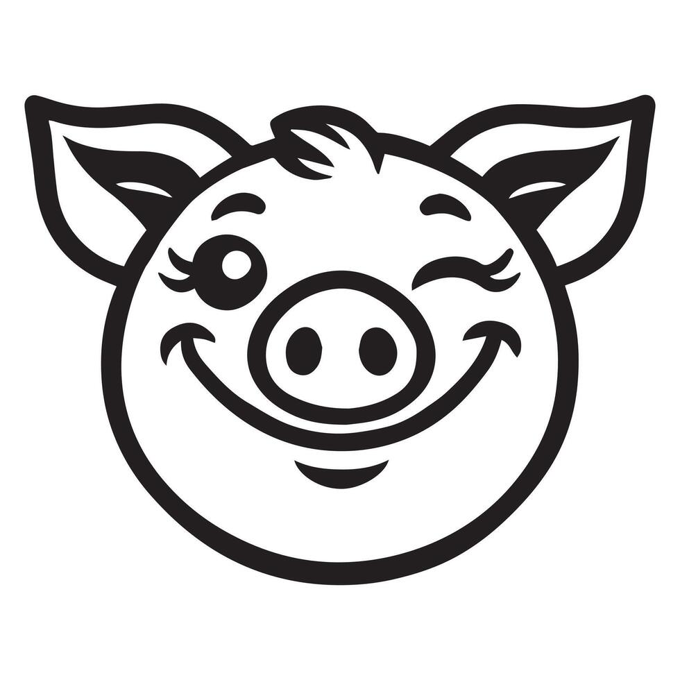 Pig Face Clipart, Swine silhouette, Hog Outline Logo, Domestic pig illustration in black and white vector