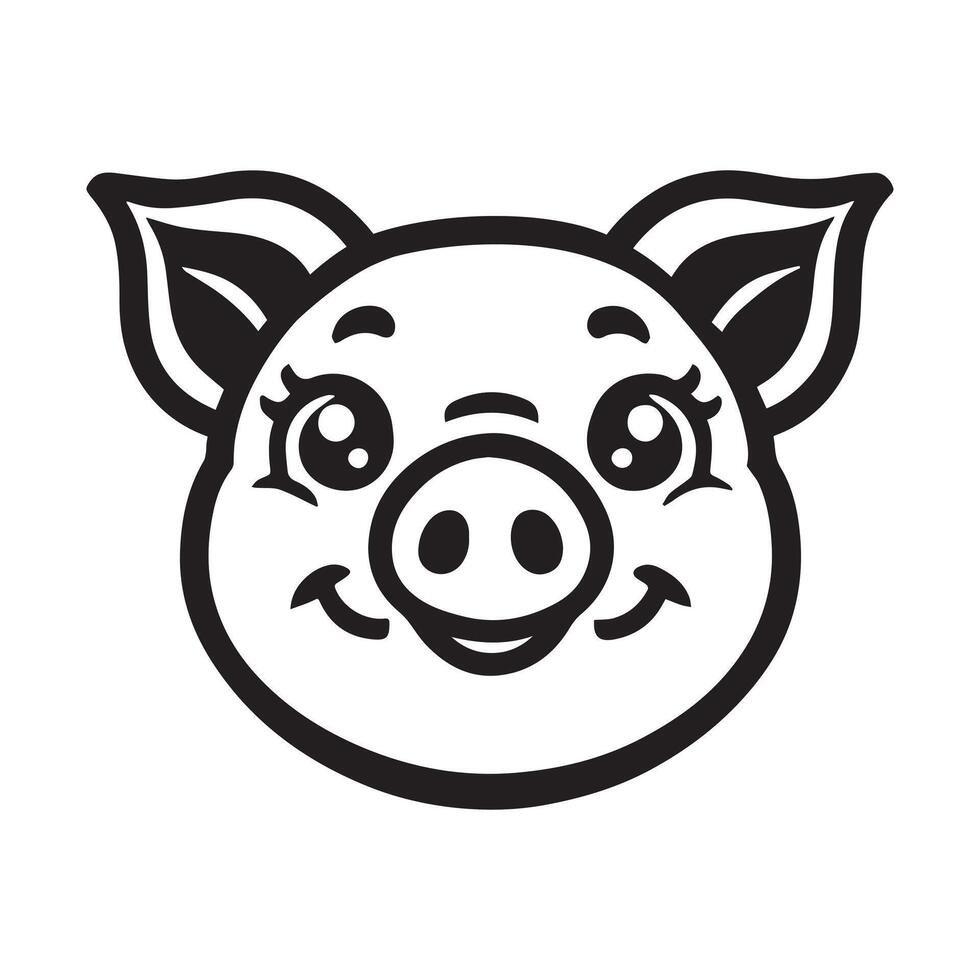 Pig Face Clipart, Swine silhouette, Hog Outline Logo, Domestic pig illustration in black and white vector