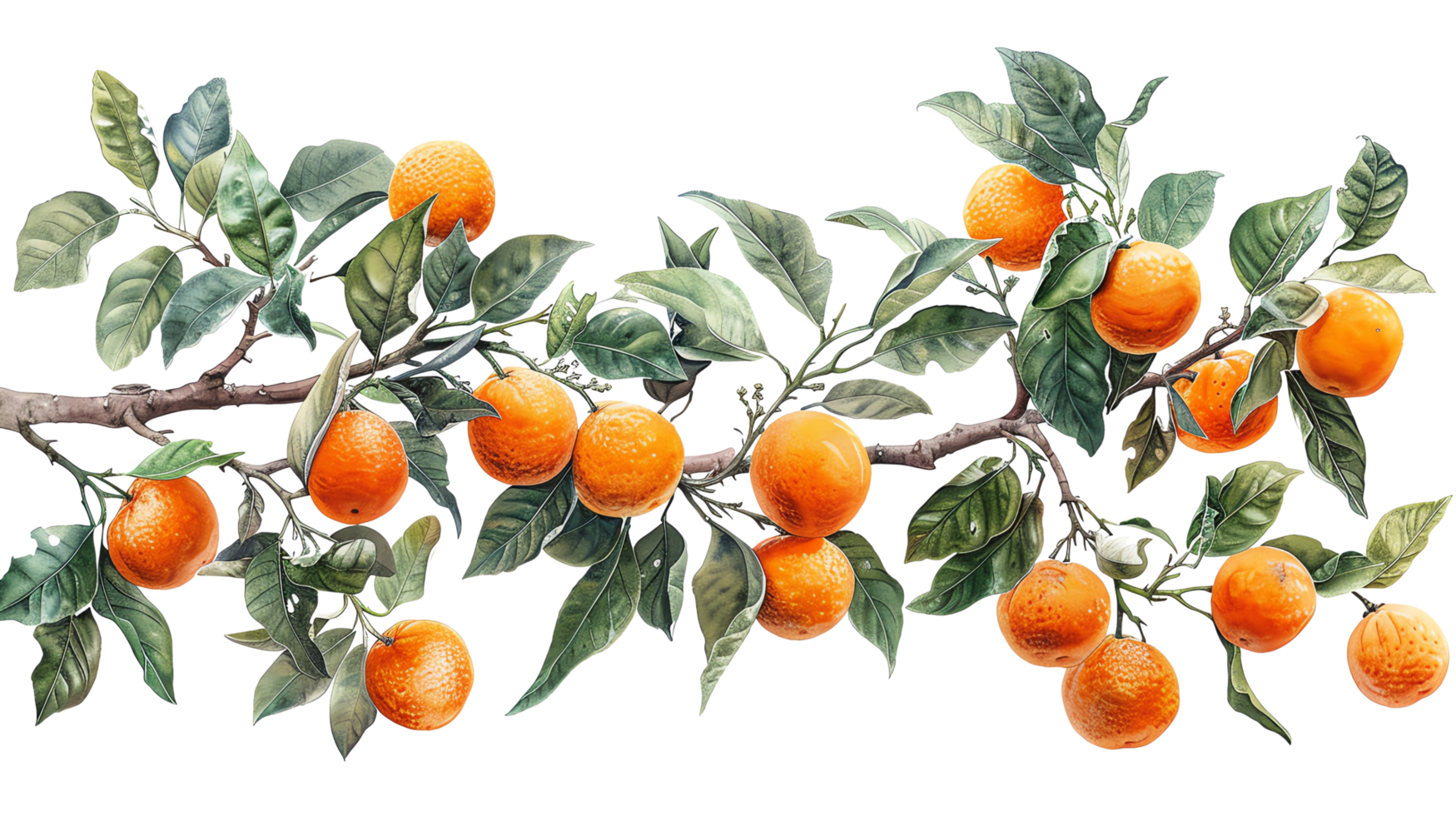 Set of vibrant orange fruits and green leaves, featuring whole oranges, orange slices, and blossoms on branches. png