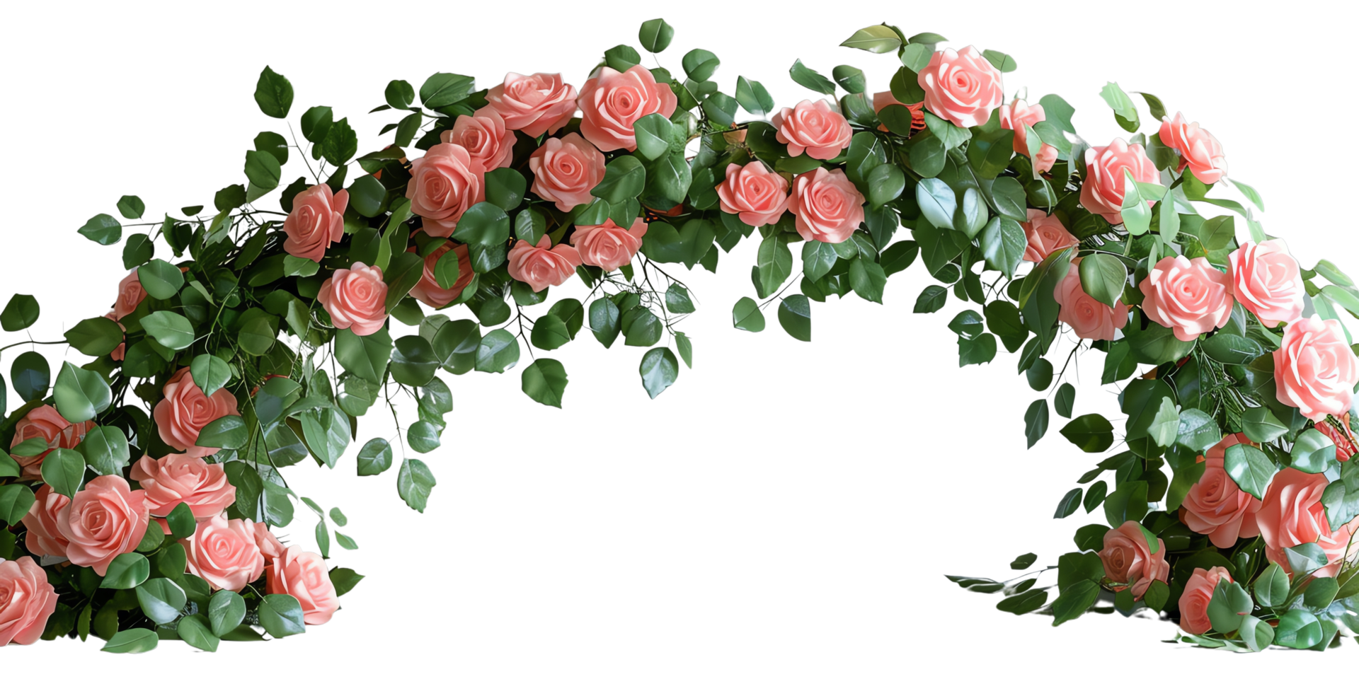 Elegant rose arch with green leaves, perfect for weddings, events, and decorative purposes. Vibrant floral arrangement for special occasions. png