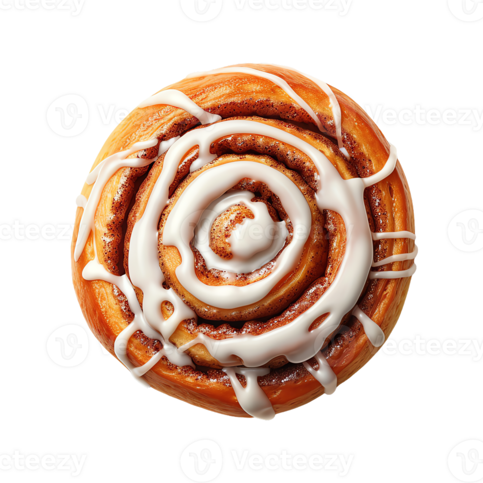 Delicious cinnamon roll covered in creamy icing. Perfect for breakfast or dessert. Close-up showing the beautiful spiral and texture. png