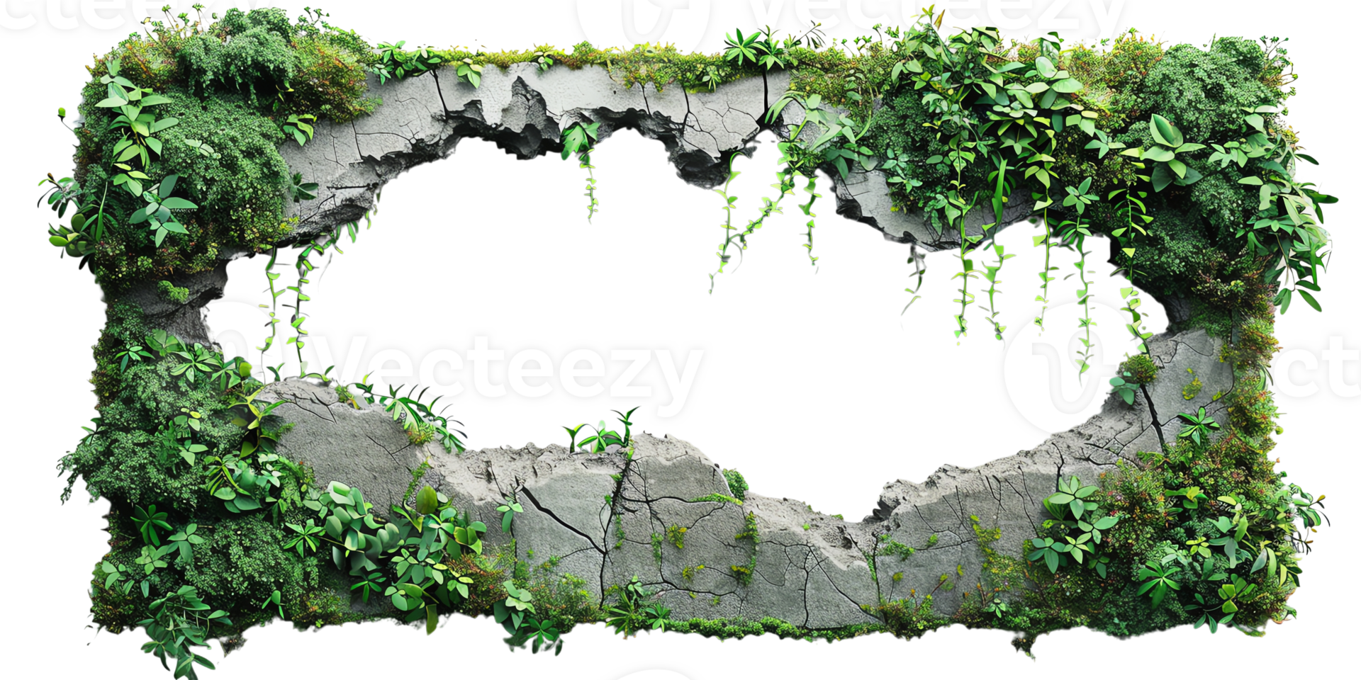 Rugged stone frame with lush greenery, creating a natural window effect. Perfect for backgrounds and nature themes. png