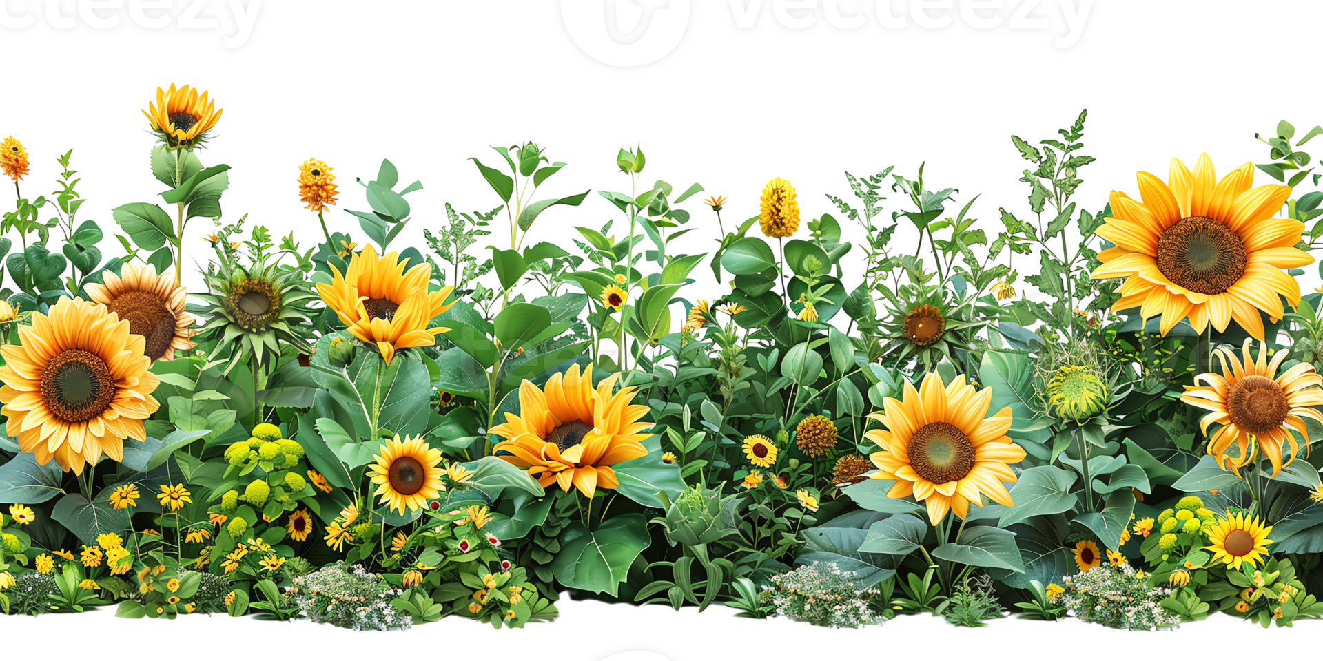 Vibrant sunflower garden in full bloom, showcasing colorful, bright yellow sunflowers and lush green foliage on a sunny day. png