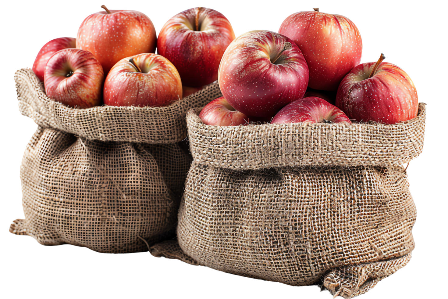Two burlap sacks filled with fresh, vibrant red apples. Perfect shot for themes of harvest, farm produce, and healthy eating. png