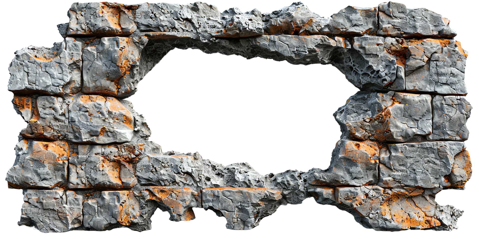 A large hole broken through a concrete wall, creating a rough and rugged texture with an irregular shape and sharp edges. png