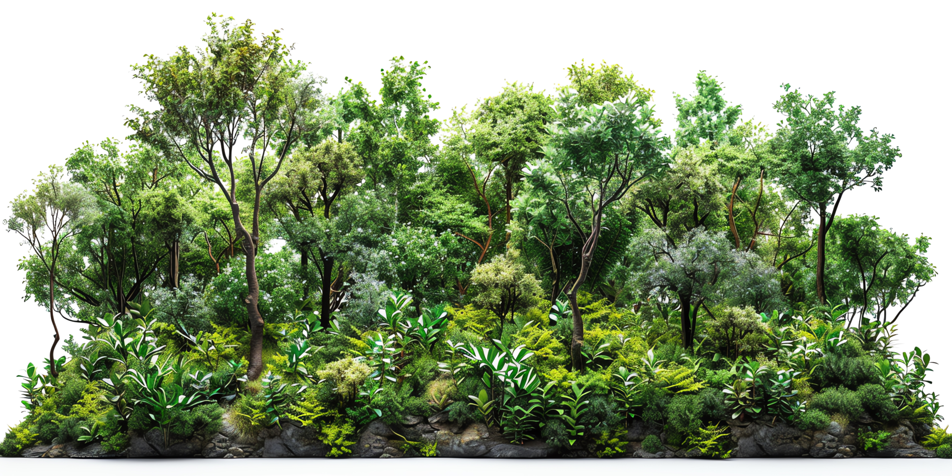 Lush green forest scene with various trees and dense foliage exhibiting vibrant greenery. Ideal for nature and botanical themes. png