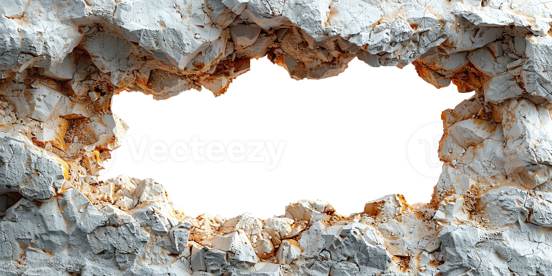 A large hole broken through a concrete wall, creating a rough and rugged texture with an irregular shape and sharp edges. png