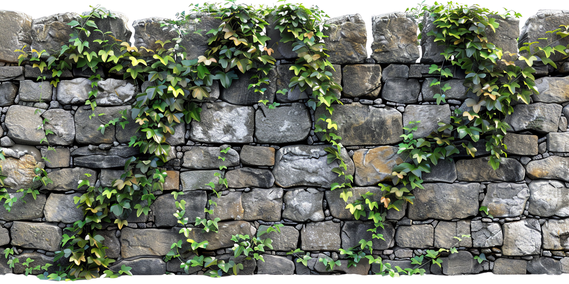 Stone wall with lush green ivy vines, perfect for backgrounds, nature themes, and outdoor projects. Natural backdrop with rustic charm. png