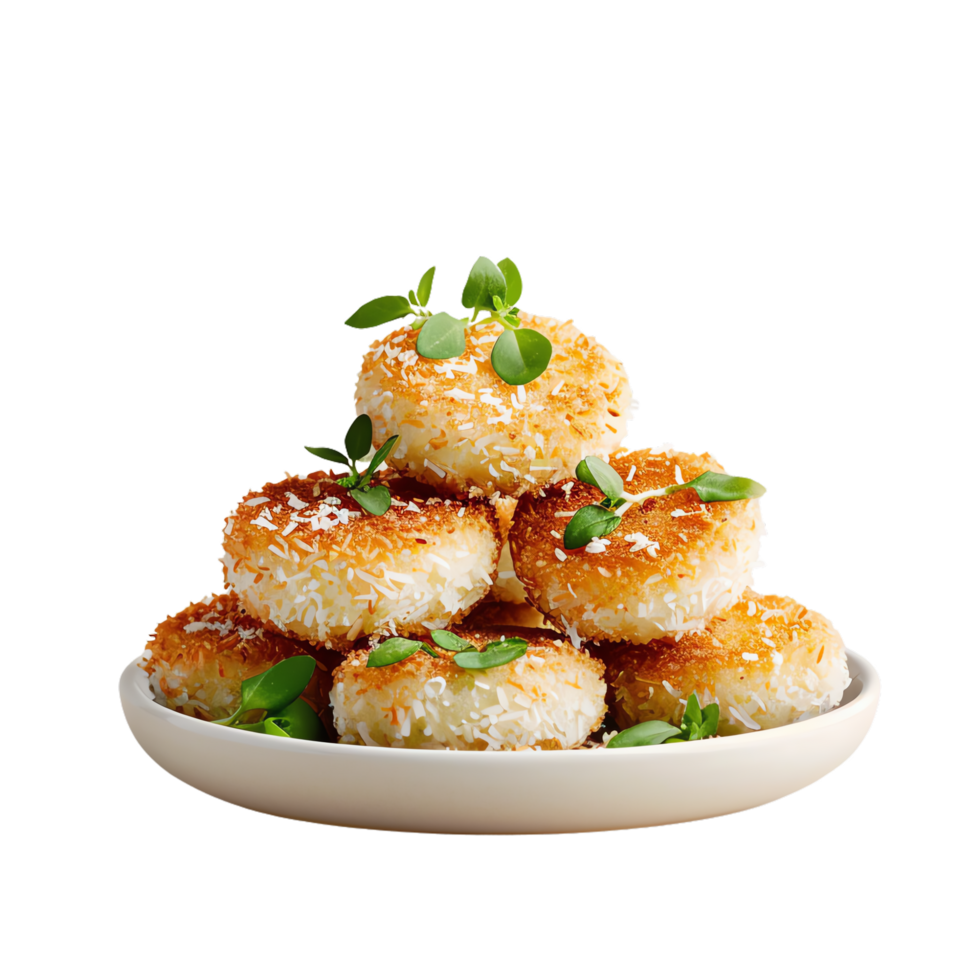 A plate of neatly stacked, golden brown, crispy patties garnished with fresh greens, ready to be served as a delicious appetizer. png