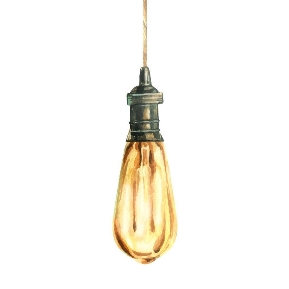 Edison glass lamp hanging on a cord glowing yellow and orange in the shape of a drop. Watercolor illustration hand drawn. Single object isolated from the background. vector