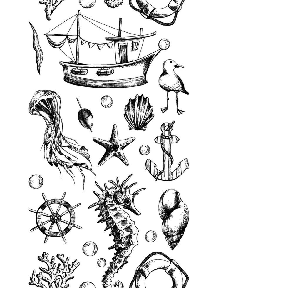 Seamless board with marine underwater inhabitants, a lighthouse and a boat. Illustration of graphic line art in black and white, hand drawn from the SYMPHONY OF THE SEA collection. vector