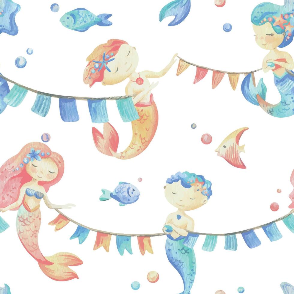 Mermaids is a little girl and boy with flags garland festive. Watercolor illustration hand drawn with pastel colors turquoise, blue, coral, pink. Seamless pattern on a white background vector