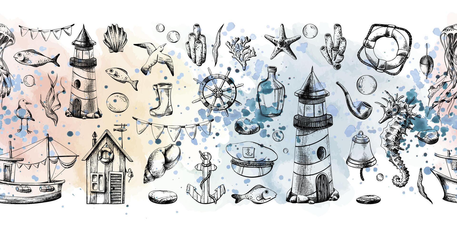 Marine underwater animals, a lighthouse and a boat. Illustration of graphic line art in black and white, hand drawn. Horizontal, seamless border, banner vector