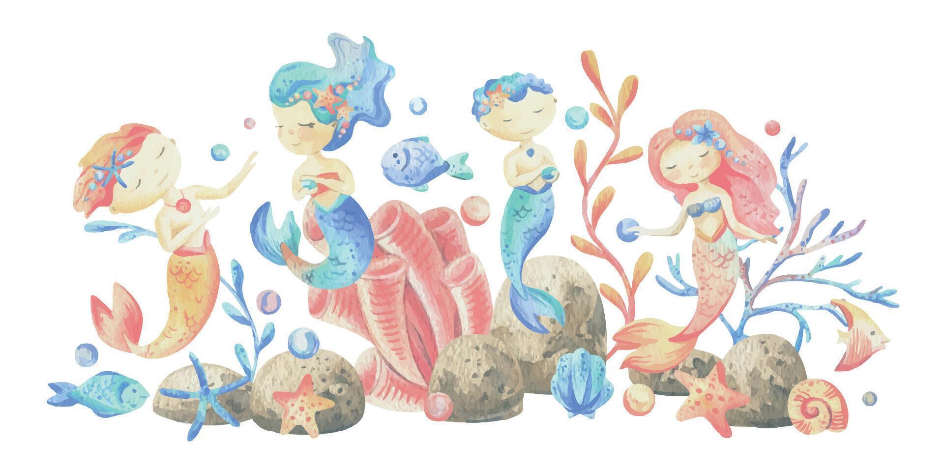 Mermaid little boy and girl with sea corals, algae, shells, starfish, fish, bubbles. Watercolor illustration hand drawn in coral, turquoise and blue colors. Composition isolated from the background vector