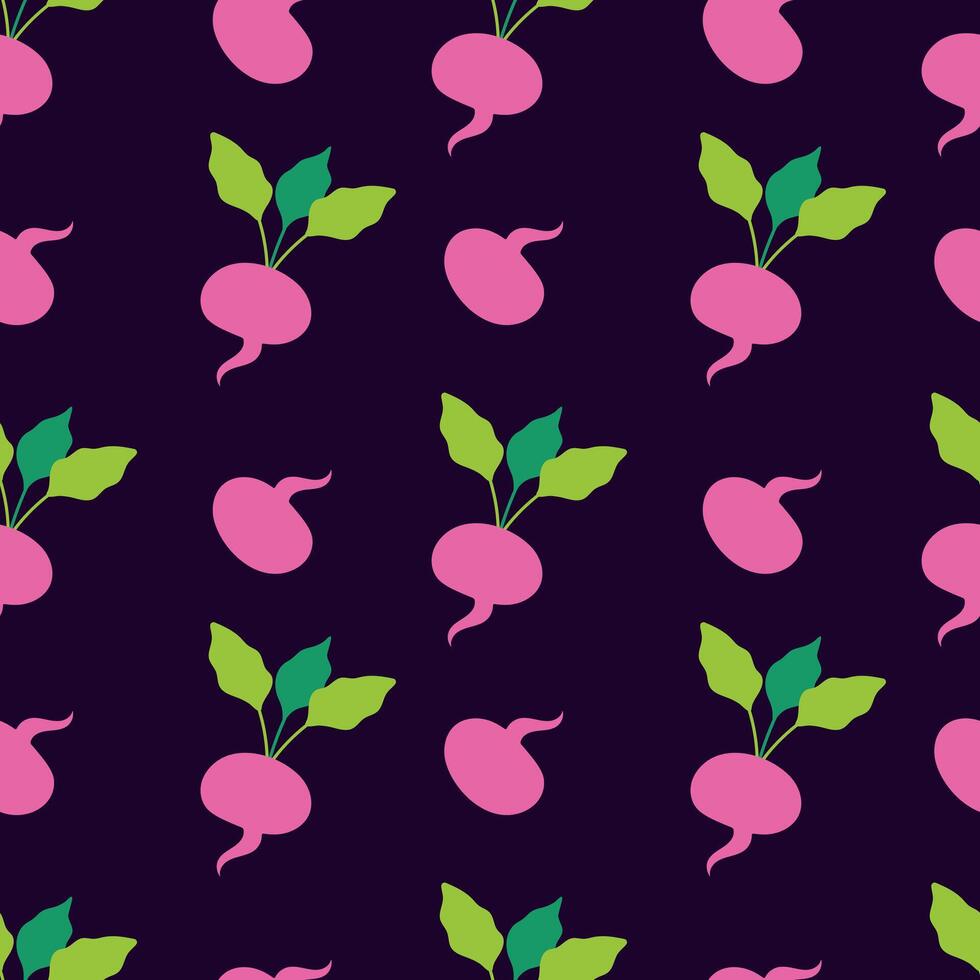 Bright radish seamless pattern. Pink vegetable on a dark background. illustration for fabric, packaging, wrapping paper, background vector