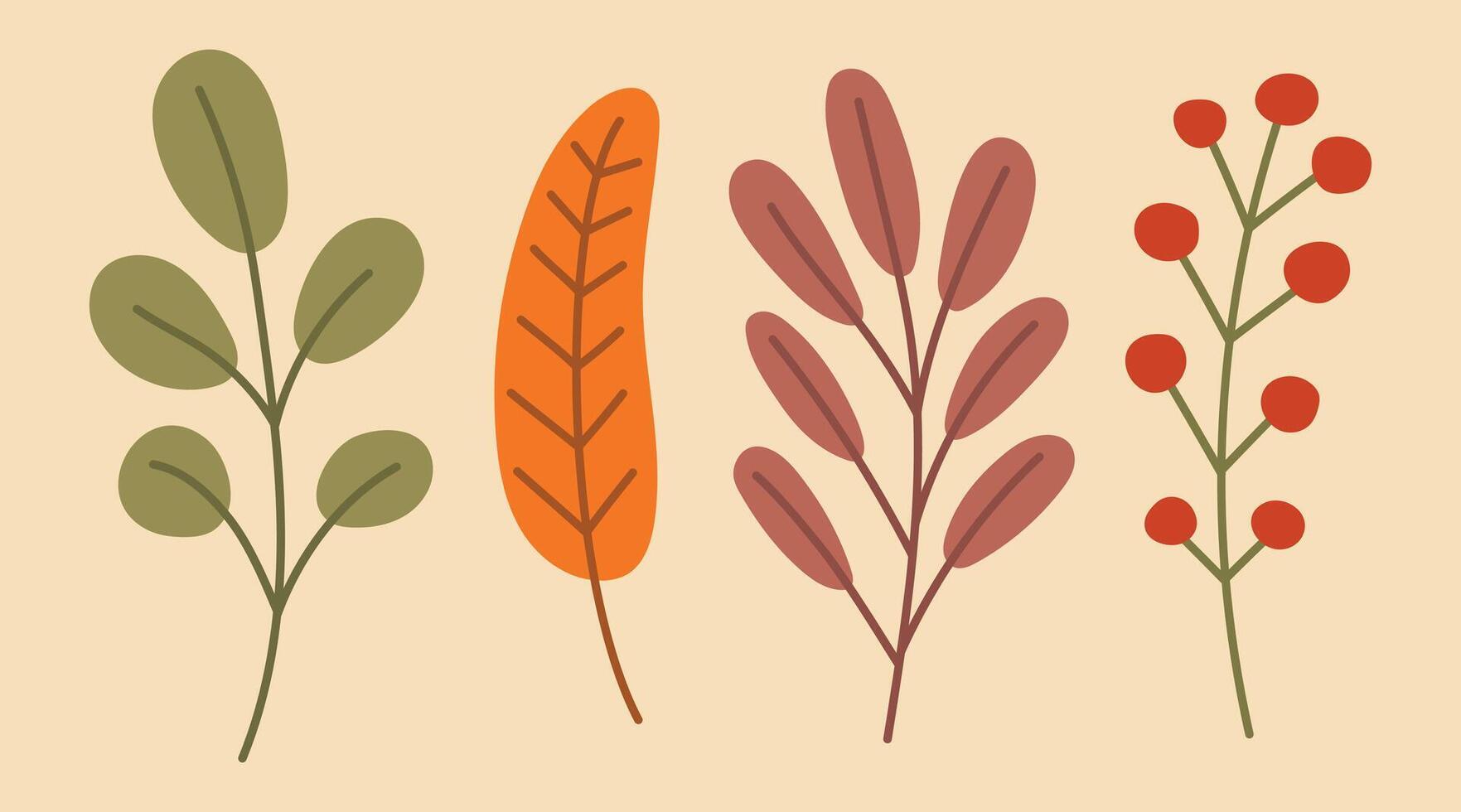 Autumn leaves set. Cute leaves and berries isolated on a beige background. Hand drawing illustration for your design vector