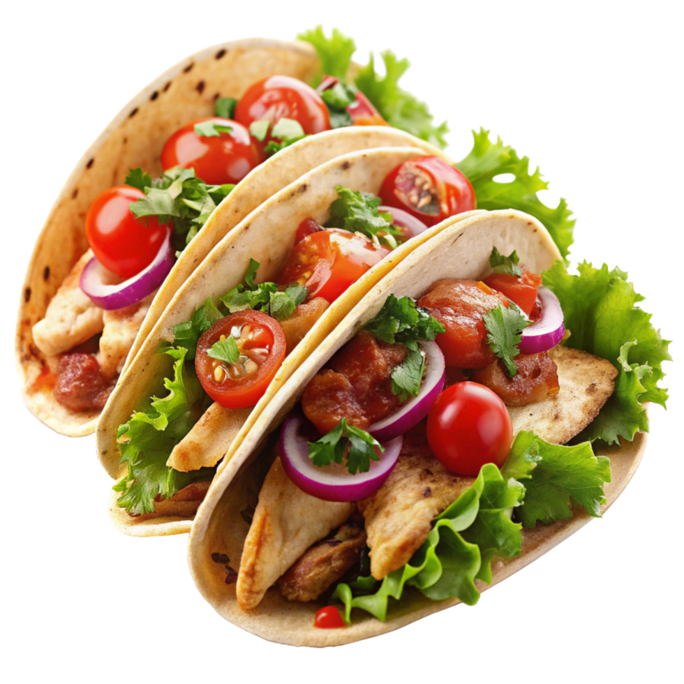 Grilled chicken tacos with tomato sauce onions and salad on transparent background png
