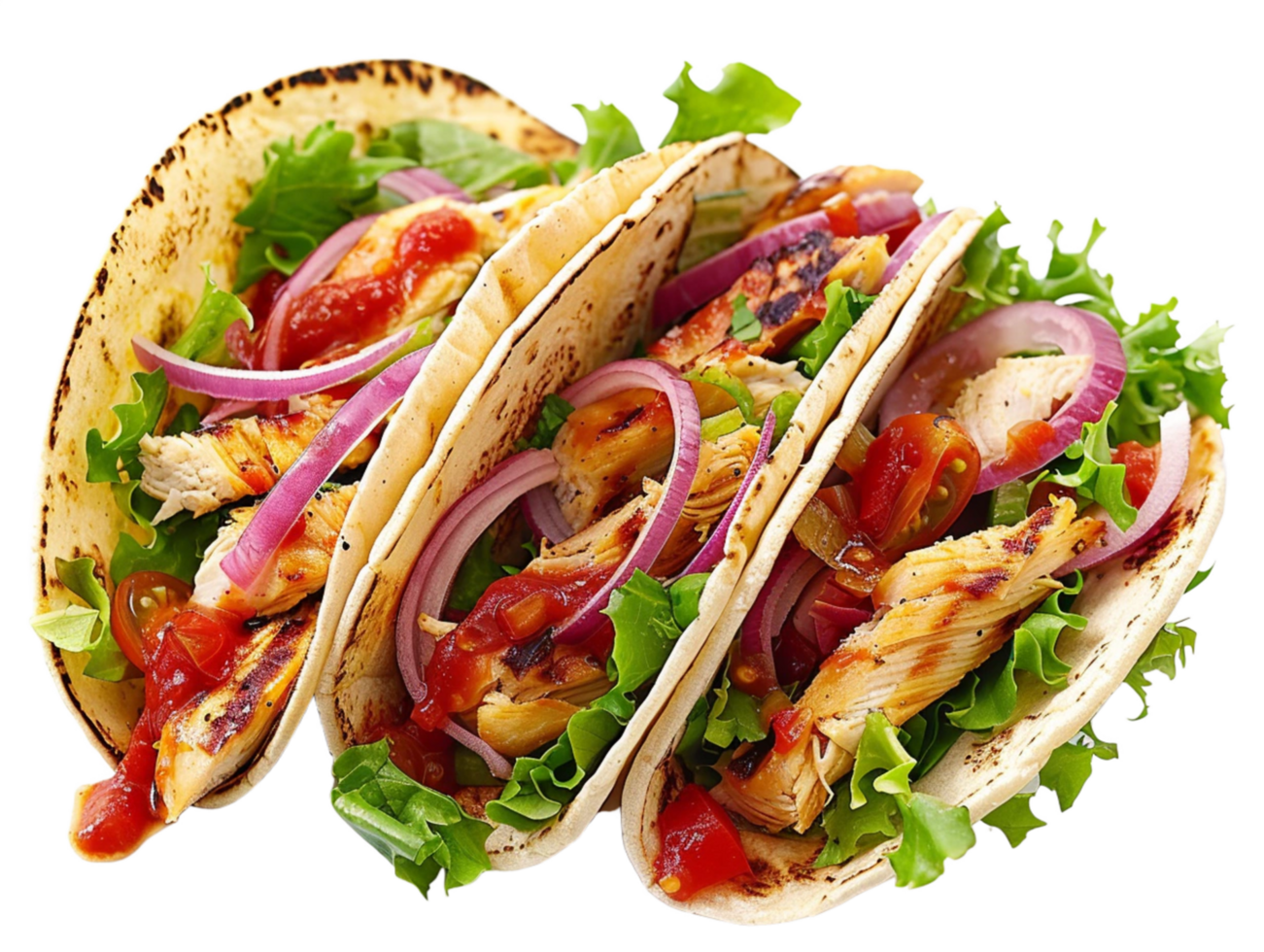 Grilled chicken tacos with tomato sauce onions and salad on transparent background png