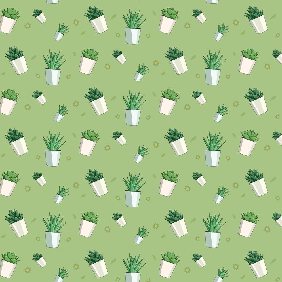 texture with decorative pattern of potted plants on green background vector