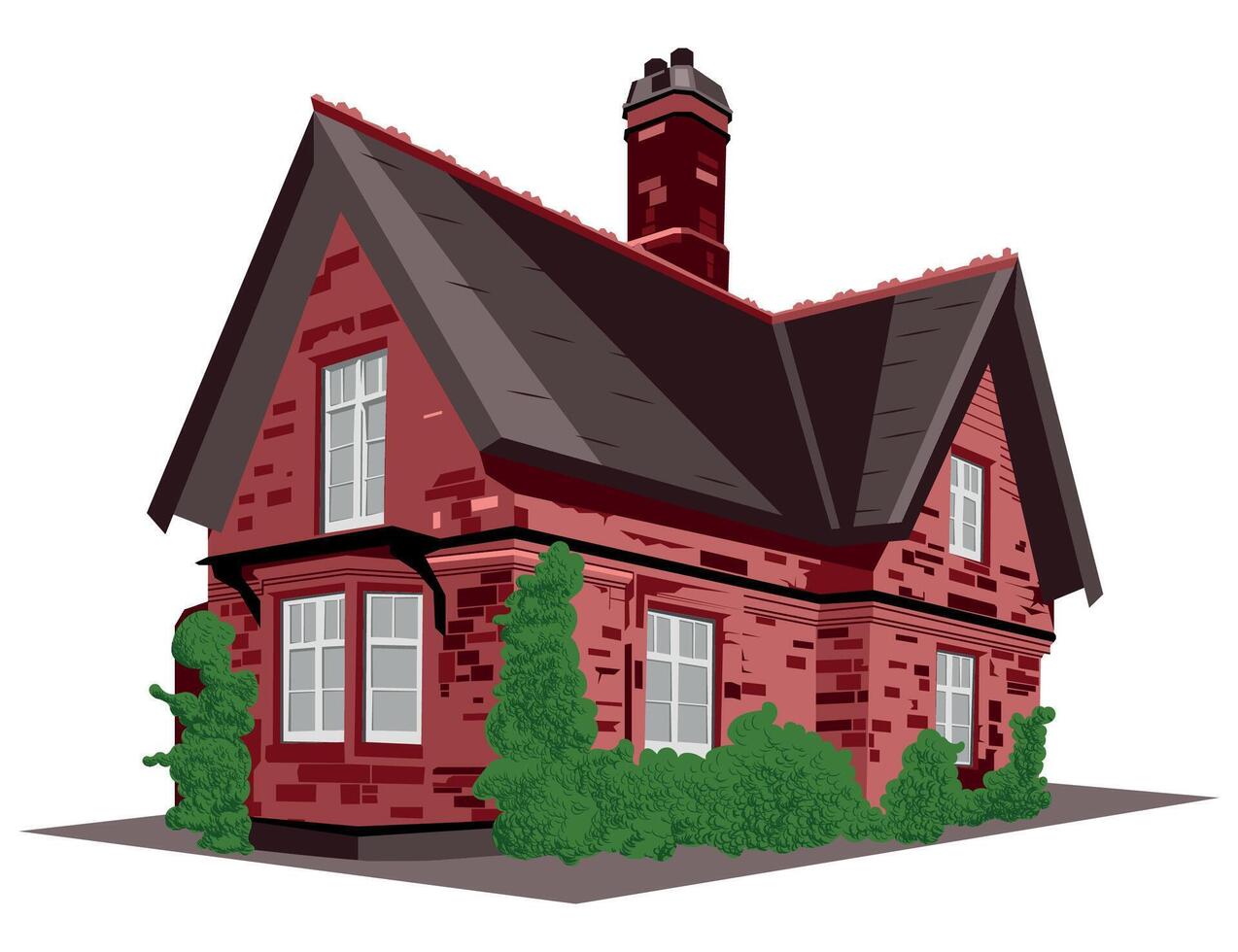 illustration red brick house with bushes without background vector