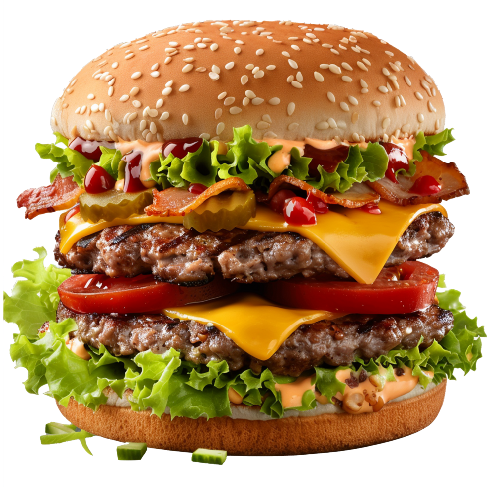 Hamburger with Cheese and Lettuce Isolated on Transparent Background png