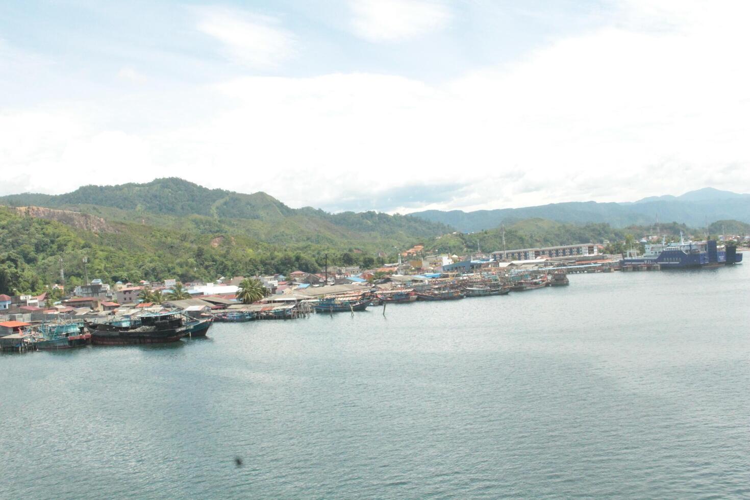 An aerial view of boats docked in a harbor surrounded by lush green hills and a blue sky with clouds. photo