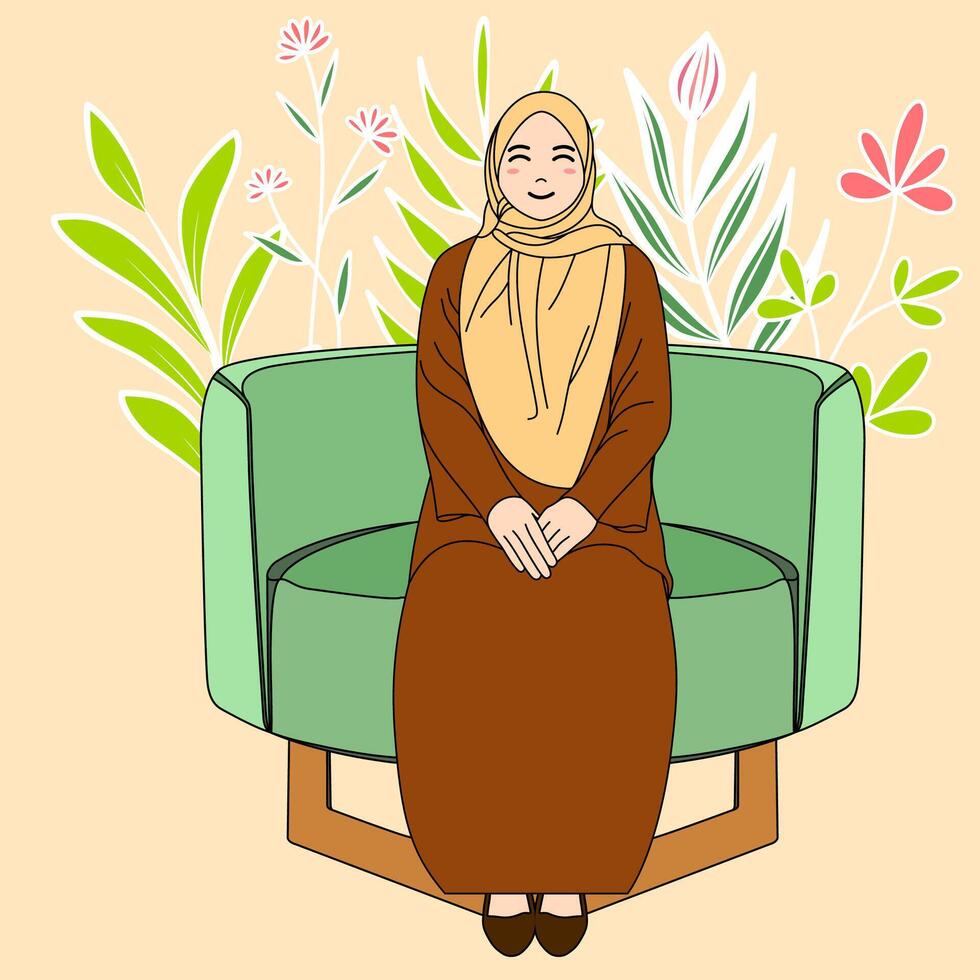 An illustration of pretty hijab woman sits on a green couch with a flowered background. vector