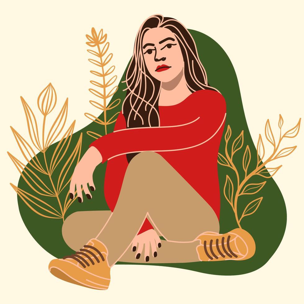An illustration of a stylish woman sits in a green shape and yellow flower lines with long hair. vector